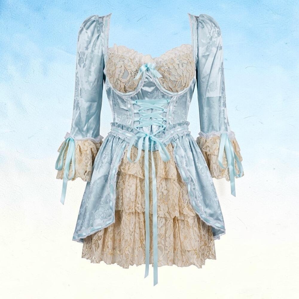 Cake Queen Sky Blue Cream Brocade Renaissance Dress Large NWOT